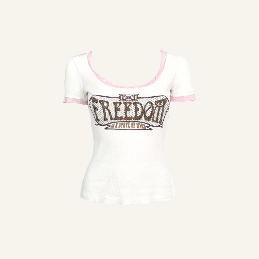 D&G Dolce Gabbana Freedom graphic ringer tee white pink vintage y2k top designer